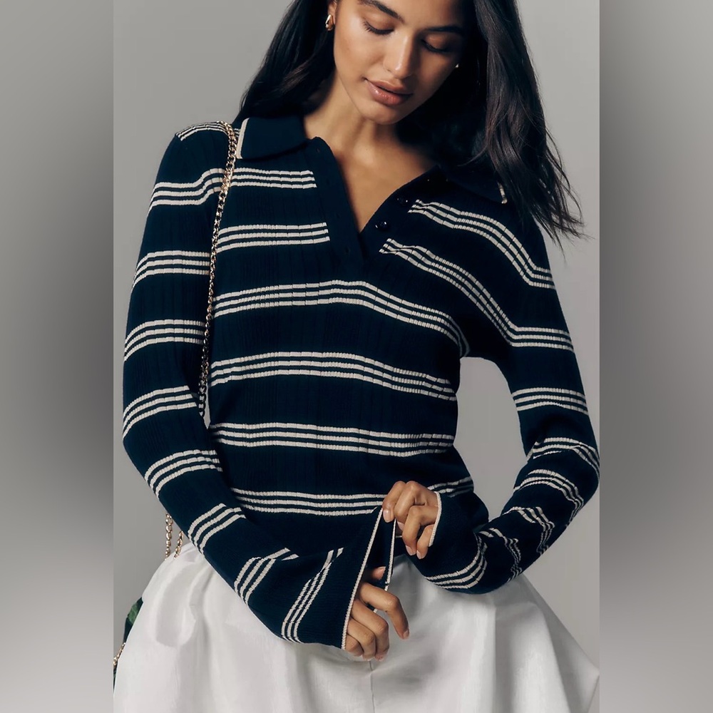 Reformation Navy and White Striped Ribbed Polo Sweater